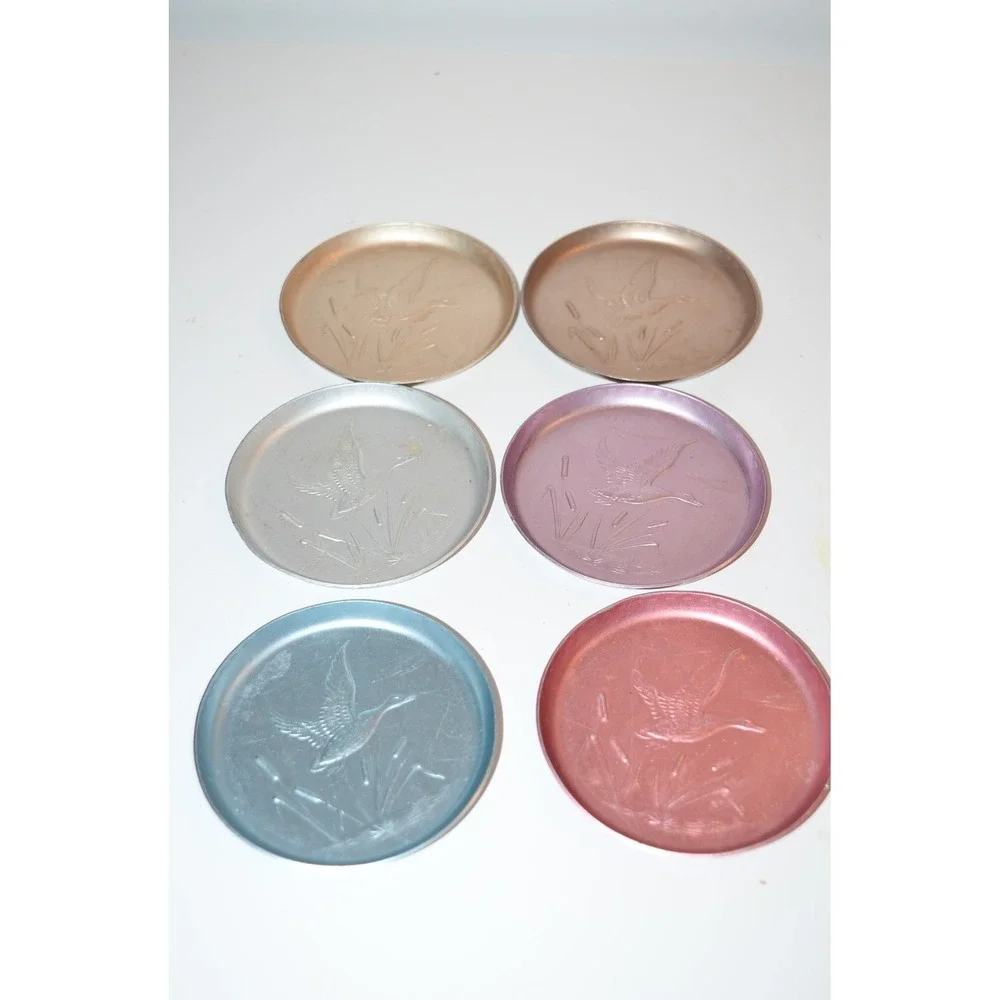 Vtg 6 pc set Ducks Flying‎ Over Cattails Embossed Aluminum Coasters